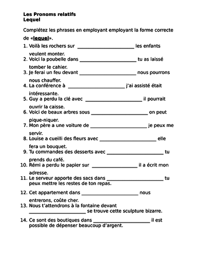 Pronoms relatifs (French Relative pronouns) Lequel worksheet | Teaching ...