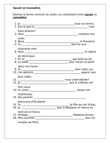 Savoir et Connaître French Verbs Worksheet 5 | Teaching Resources