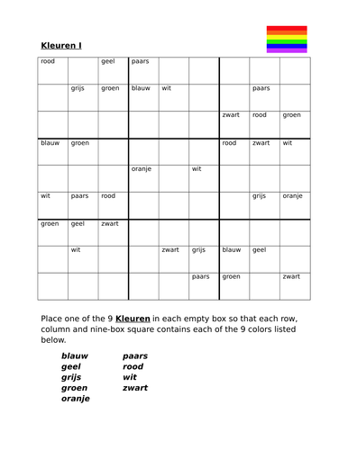 Kleuren Colors In Dutch Sudoku Teaching Resources