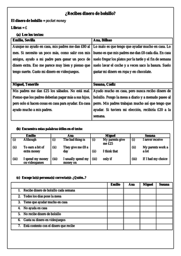 Spanish GCSE pocket money: dinero de bolsillo & ayudar en casa (reading comprehension & vocabulary)