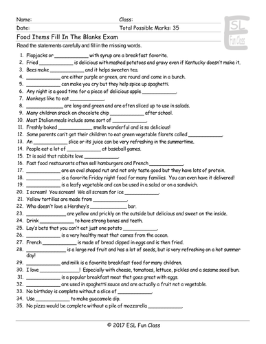 Food Items Fill In The Blanks Exam | Teaching Resources