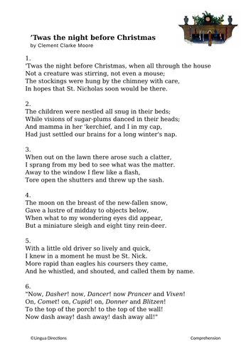 CLASSIC CHRISTMAS POEM COMPREHENSION 'TWAS THE NIGHT BEFORE CHRISTMAS ...