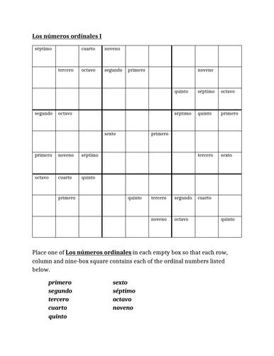 Números (Ordinal Numbers in Spanish) Sudoku | Teaching Resources