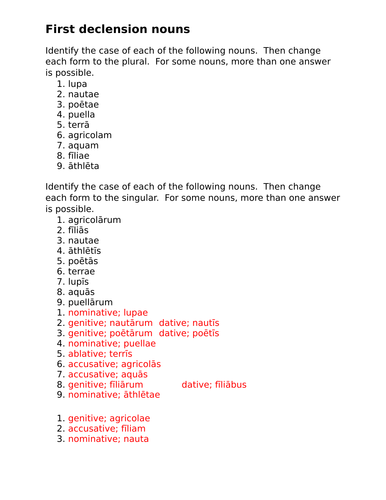 First Declension Nouns in Latin Worksheet | Teaching Resources