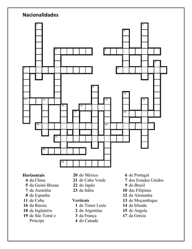 Nacionalidades (Nationalities in Portuguese) Crossword Teaching Resources