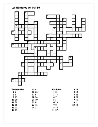 Números (Numbers in Spanish) 0 to 30 Crossword Teaching Resources