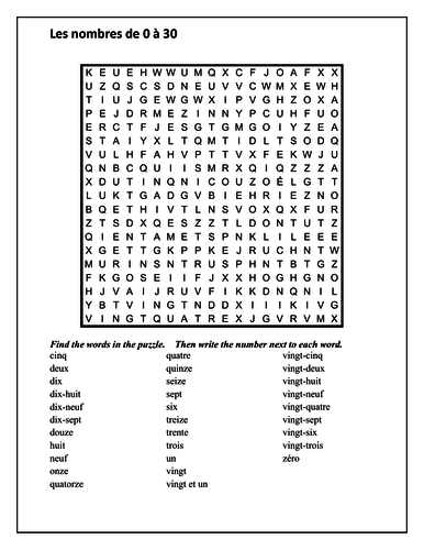 Numeros Numbers In French 0 To 30 Wordsearch Teaching Resources