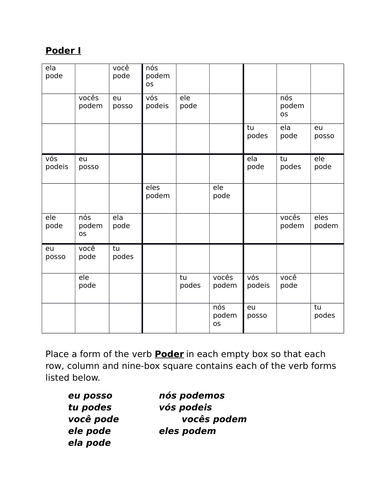 Poder Portuguese Verb Present Tense Sudoku Teaching Resources