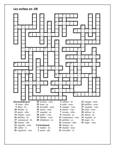 ER Verbs in French Verbes ER Regular and Spelling Change Crossword ...