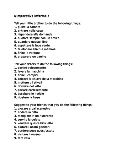 Imperativo informale (Commands in Italian) Worksheet 2 | Teaching Resources