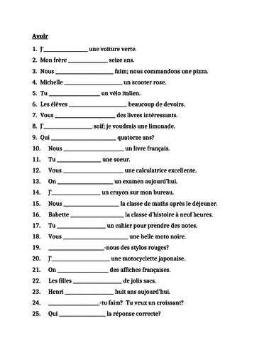 Avoir French Verb Worksheet 1 | Teaching Resources