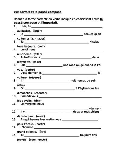 Passé Composé Vs Imparfait French Worksheet 1 Teaching Resources 