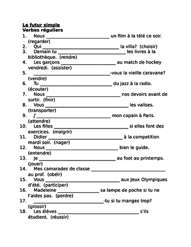 Futur Simple Future Tense In French Worksheet 1 Teaching Resources 4026