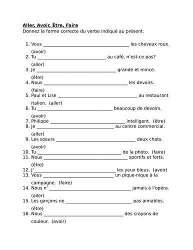 Aller Avoir tre Faire French Verbs Worksheet 6 Teaching Resources