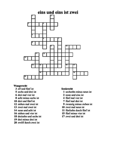 Zahlen Numbers In German 0 To 20 Math Crossword Teaching Resources