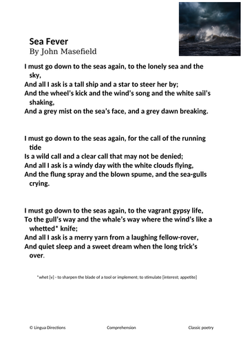 CLASSIC POEM COMPREHENSION SEA FEVER JOHN MASEFIELD WITH ANSWERS ...