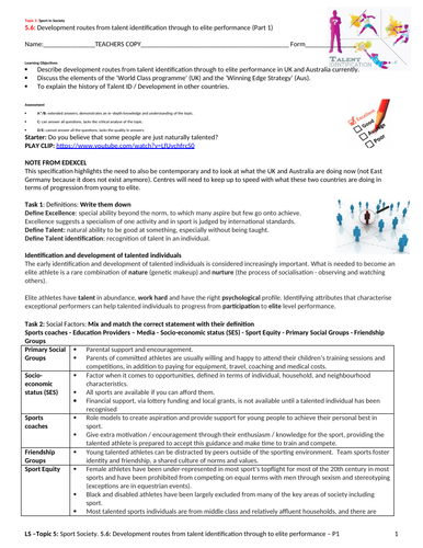 A-Level PE EDEXCEL (spec 2016) 5.6. Talent I.D: Part 1