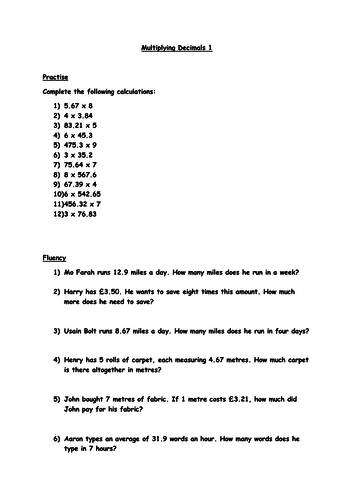 Year 6 Multiplying Decimals Worksheet