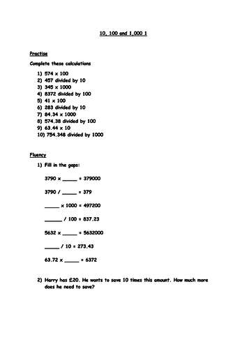 Year 6 Multiply and Divide by 10, 100 and 1000 Worksheet