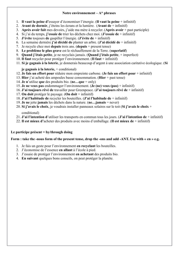 GCSE French A* writing constructions / complex language environment topic _ l'environnement