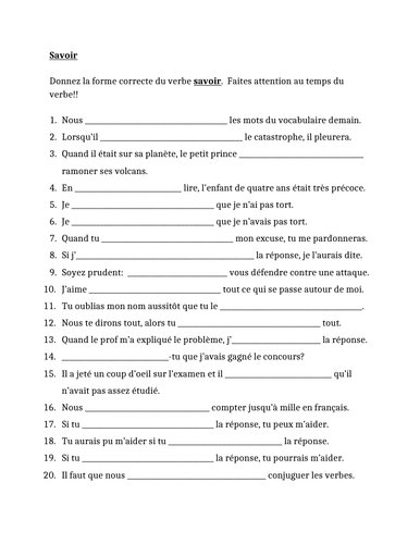 Savoir French Verb Worksheet | Teaching Resources