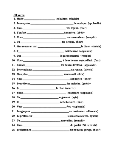 IR Verbs In French Verbes IR Worksheet 6 Teaching Resources