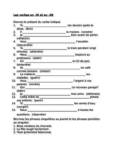 IR Verbs RE Verbs In French Verbes IR RE Worksheet 1 Teaching Resources