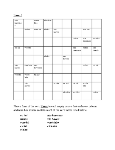 Haver Portuguese Verb Present Tense Sudoku Teaching Resources