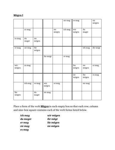 M gen German Verb Present Tense Sudoku Teaching Resources