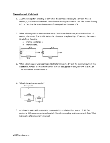 Electromotive Force and Internal Resistance Worksheets and Answers