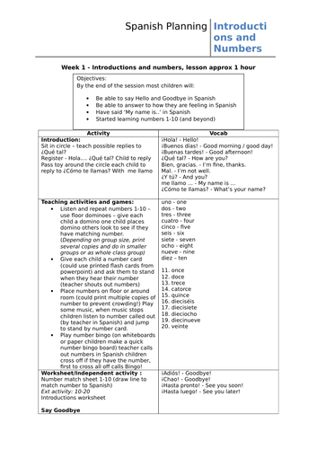 spanish introductions and numbers lesson plan and