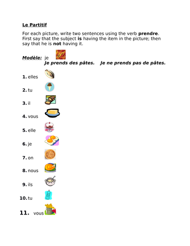 Partitif et Prendre French Verb Worksheet | Teaching Resources