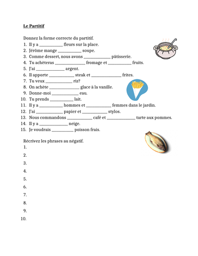 Partitif (French Partitive Article) Worksheet 2 | Teaching Resources