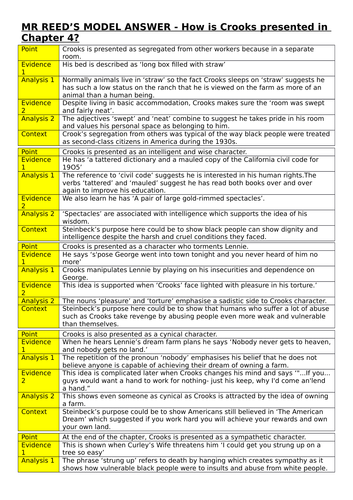 Crooks assessment, prep sheet and model answer - Of Mice and Men Chapter 4