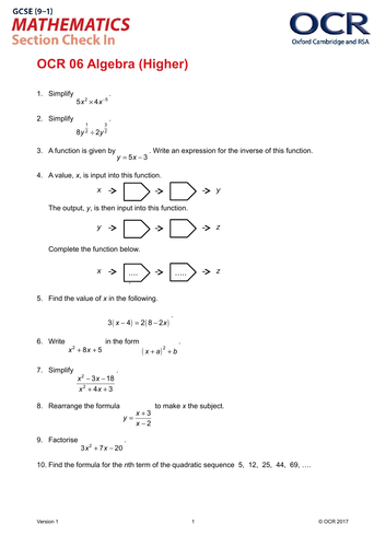 ocr-maths-higher-gcse-section-check-in-test-6-algebra-teaching