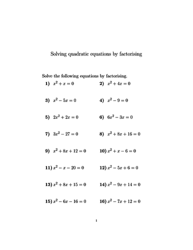 Solving quadratic equations by factorising worksheet (with solutions