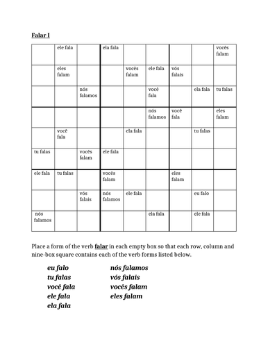 Falar Portuguese Verb Present Tense Sudoku Teaching Resources