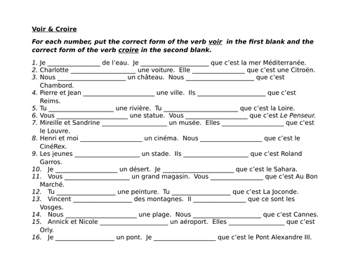 Voir et Croire French verbs worksheet | Teaching Resources