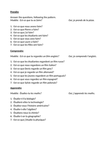 Prendre Apprendre Comprendre French Verbs Worksheet 1 Teaching Resources