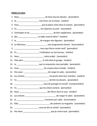 Mettre French Verb Worksheet 2 | Teaching Resources