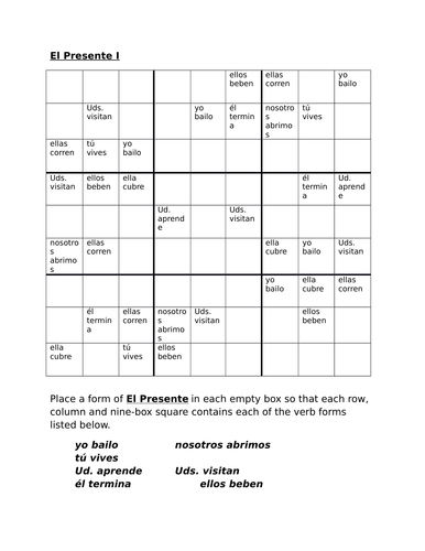 Spanish Present Tense Regular Verbs Sudoku Teaching Resources