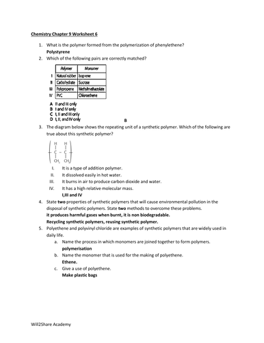 Material Science Worksheet w/ Answers (Alloys Glass Ceramics