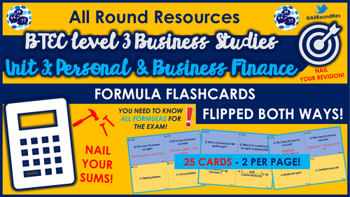 BTEC L3 Business: Unit 3 - Business Finance FORMULA FLASHCARDS!