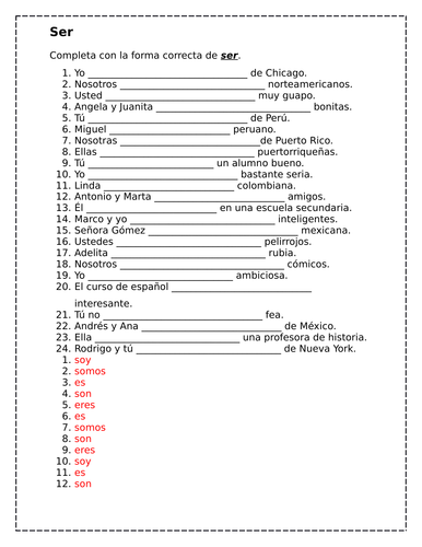 Ser Spanish verb Worksheet Teaching Resources