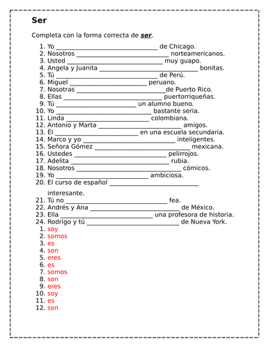 Ser Spanish verb Worksheet