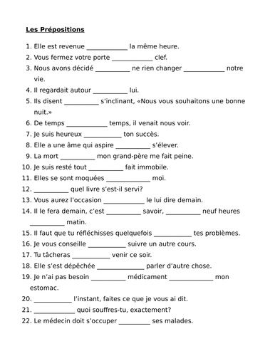 Prépositions (Prepositions in French) Worksheet 2 | Teaching Resources