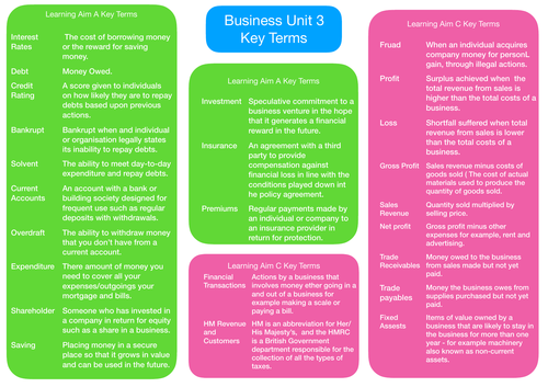 BTEC Level 3 Business Unit 3 Personal and Business Finance Exam Key Terms