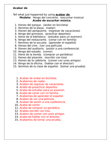 Acabar de Spanish Worksheet | Teaching Resources