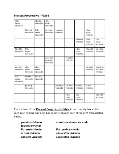 Vivir Spanish Verb Present Progressive Sudoku Teaching Resources