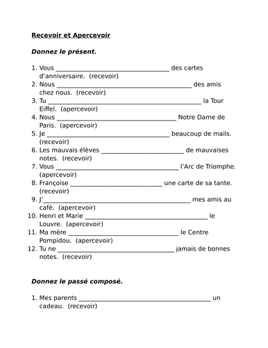 recevoir-et-apercevoir-french-verbs-worksheet-teaching-resources